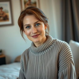 A woman aged between 30 and 45 years, with chestnut brown hair, featuring European traits