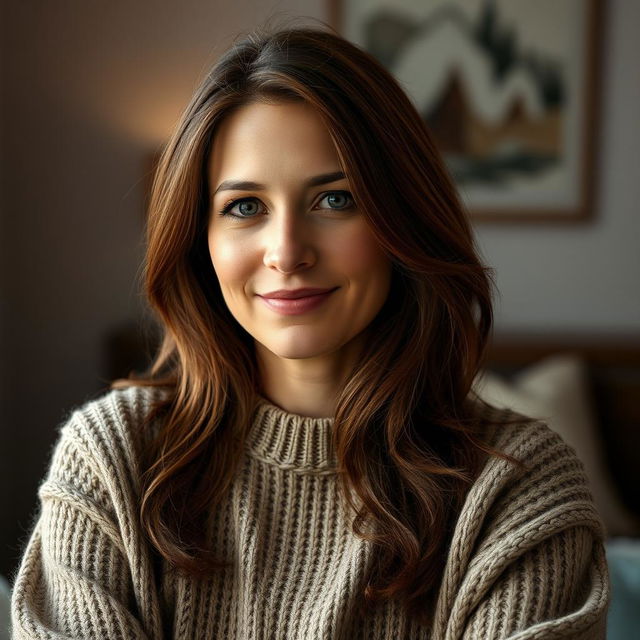 A woman aged between 30 and 45 years, with chestnut brown hair, featuring European traits