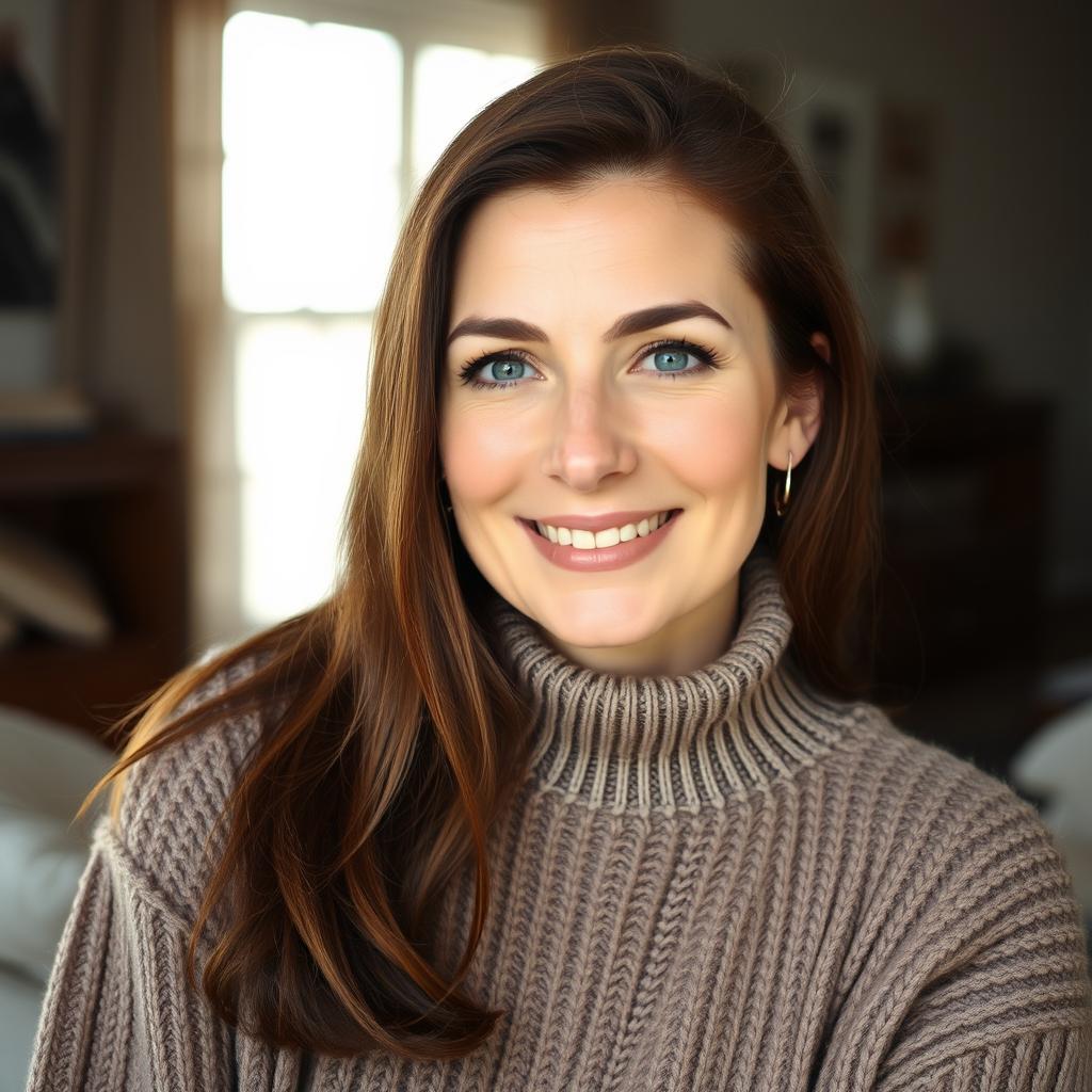 A woman aged between 30 and 45 years, with chestnut brown hair, featuring European traits