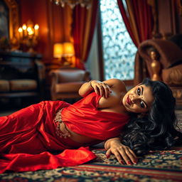 A seductive Indian brunette maid lying gracefully on the floor in a luxurious room, captivating her owner with a sultry expression