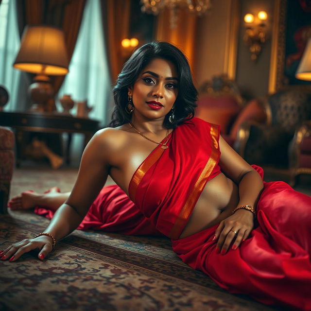 A seductive Indian brunette maid lying gracefully on the floor in a luxurious room, captivating her owner with a sultry expression