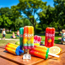 A vibrant and colorful assortment of Skippi ice pops displayed on a sunny picnic table