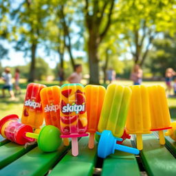 A vibrant and colorful assortment of Skippi ice pops displayed on a sunny picnic table