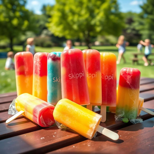 A vibrant and colorful assortment of Skippi ice pops displayed on a sunny picnic table