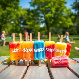 A vibrant and colorful assortment of Skippi ice pops displayed on a sunny picnic table