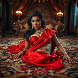A seductive Indian brunette maid lying alluringly on a beautifully adorned floor, captivating her owner with an enticing look