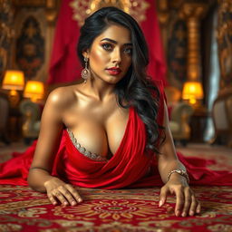 A seductive Indian brunette maid lying alluringly on a beautifully adorned floor, captivating her owner with an enticing look
