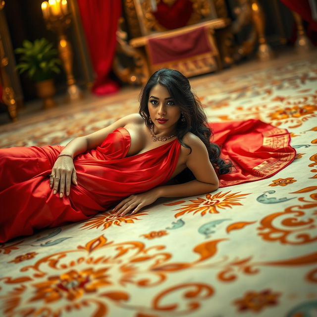 A seductive Indian brunette maid lying alluringly on a beautifully adorned floor, captivating her owner with an enticing look