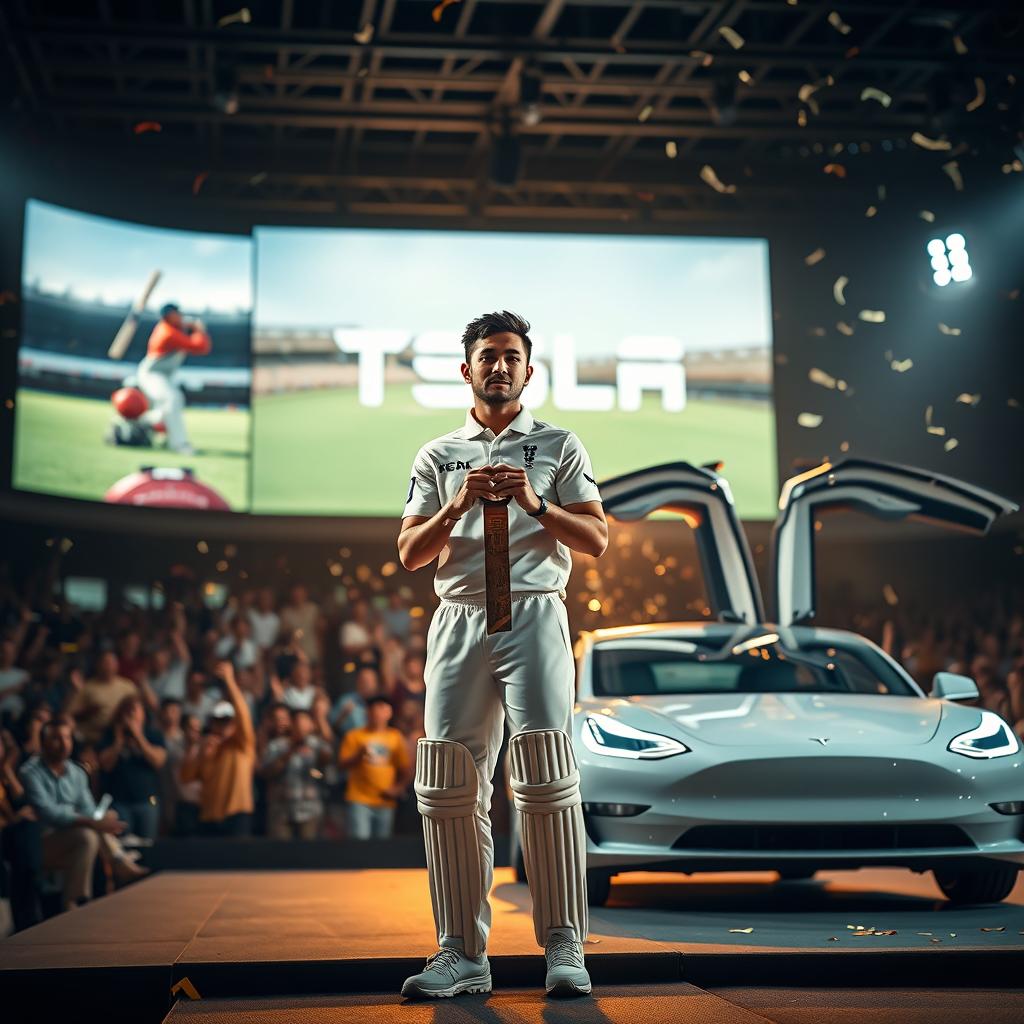 A medium close-up shot of a cricket player on a brightly lit stage, holding a ceremonial key to a Tesla car