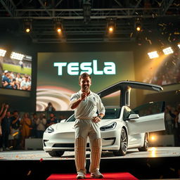 A medium close-up shot of a cricket player on a brightly lit stage, holding a ceremonial key to a Tesla car
