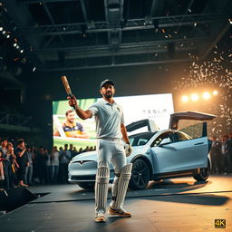 A medium close-up shot of a cricket player on a brightly lit stage, holding a ceremonial key to a Tesla car