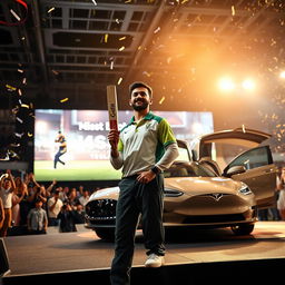 A medium close-up shot of a cricket player on a brightly lit stage, holding a ceremonial key to a Tesla car