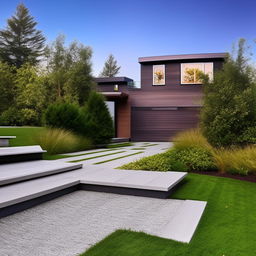 Modern house with beautiful landscaping and sleek composite steps