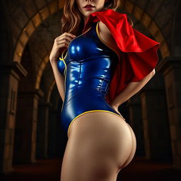 An extreme close-up image focusing on a stunning female figure showcasing her torso and round butt in an alluring shiny blue one-piece suit with yellow trim, complemented by a short red cape