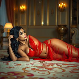 A hot Indian brunette maid lying provocatively on her stomach on a plush, elegantly designed floor, seducing her owner with an enticing look