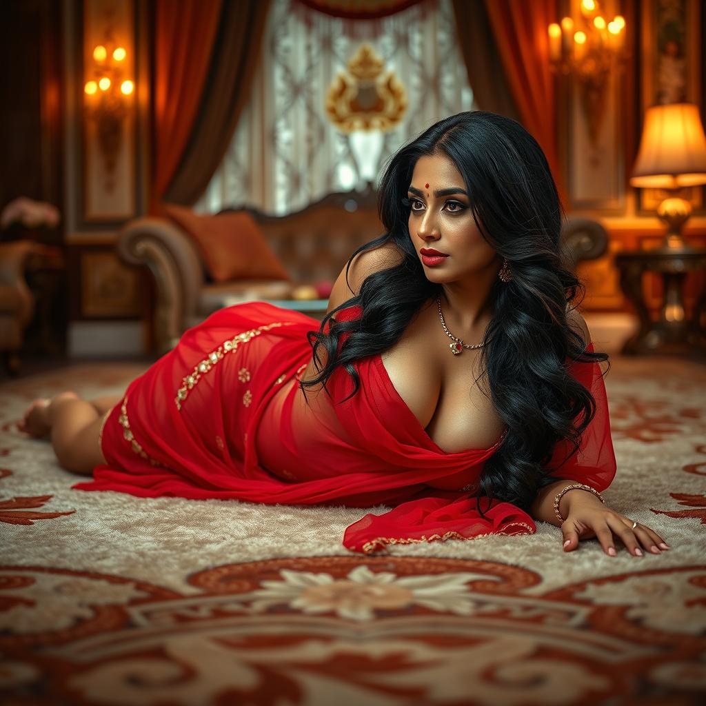 A hot Indian brunette maid lying provocatively on her stomach on a plush, elegantly designed floor, seducing her owner with an enticing look