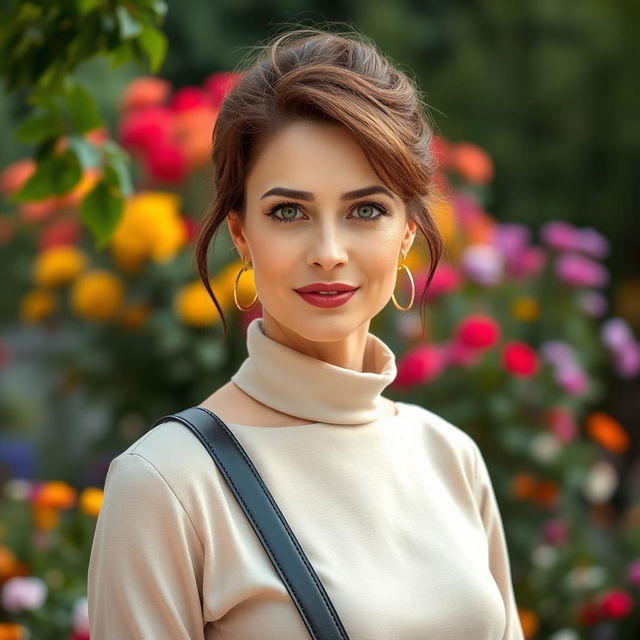 A striking Russian woman aged between 40 and 45 years, captured in a full-body shot