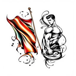 A tattoo design featuring a large, vividly colored flag prominently displayed on one side