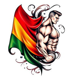 A tattoo design featuring a large, vividly colored flag prominently displayed on one side
