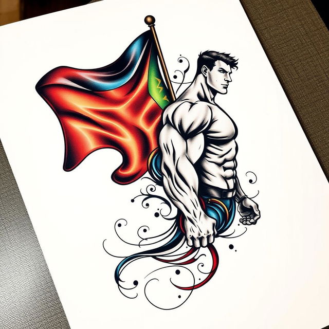 A tattoo design featuring a large, vividly colored flag prominently displayed on one side