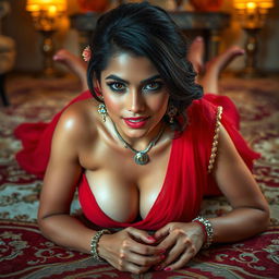 A hot Indian brunette maid lying seductively on her stomach on an opulent floor, staring directly into the viewer's eyes with an enticing gaze