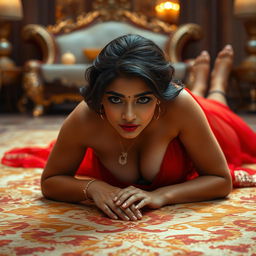A hot Indian brunette maid lying seductively on her stomach on an opulent floor, staring directly into the viewer's eyes with an enticing gaze