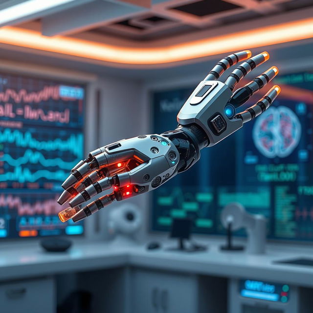 A hyper-realistic depiction of a neuro-controlled prosthetic arm, showcasing advanced technology and sleek design