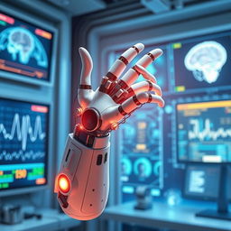 A hyper-realistic depiction of a neuro-controlled prosthetic arm, showcasing advanced technology and sleek design