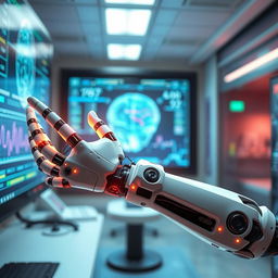 A hyper-realistic depiction of a neuro-controlled prosthetic arm, showcasing advanced technology and sleek design