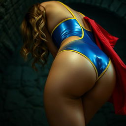 An extreme close-up of a gorgeous female bending over in a dungeon, showcasing her shiny blue one-piece swimsuit with yellow trim