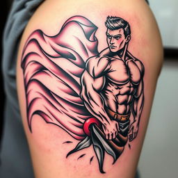 A tattoo design featuring a large, intricately detailed flag on one side, flowing elegantly into the design