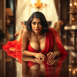 A hot Indian brunette maid lying seductively on her stomach on a glossy, wet floor, directly making eye contact with the viewer, exuding allure and confidence