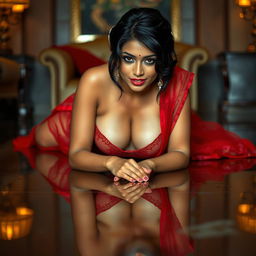 A hot Indian brunette maid lying seductively on her stomach on a glossy, wet floor, directly making eye contact with the viewer, exuding allure and confidence