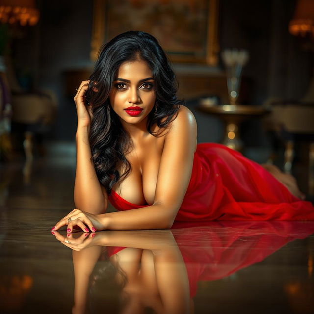 A hot Indian brunette maid lying seductively on her stomach on a glossy, wet floor, directly making eye contact with the viewer, exuding allure and confidence