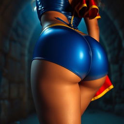 Extreme close-up of a gorgeous female torso and butt, bending over in a shiny blue one-piece with yellow trim and a short red cape