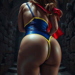 An extreme close-up view focusing on a gorgeous female's butt and torso as she bends over