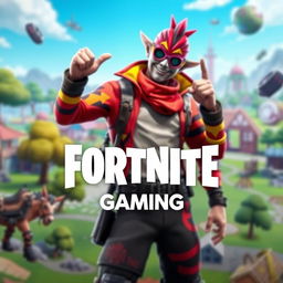 A dynamic and vibrant Fortnite scene featuring a character from the game dressed in the Trickster skin