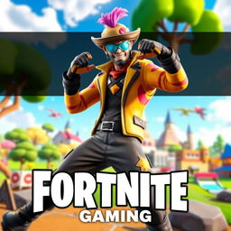 A dynamic and vibrant Fortnite scene featuring a character from the game dressed in the Trickster skin