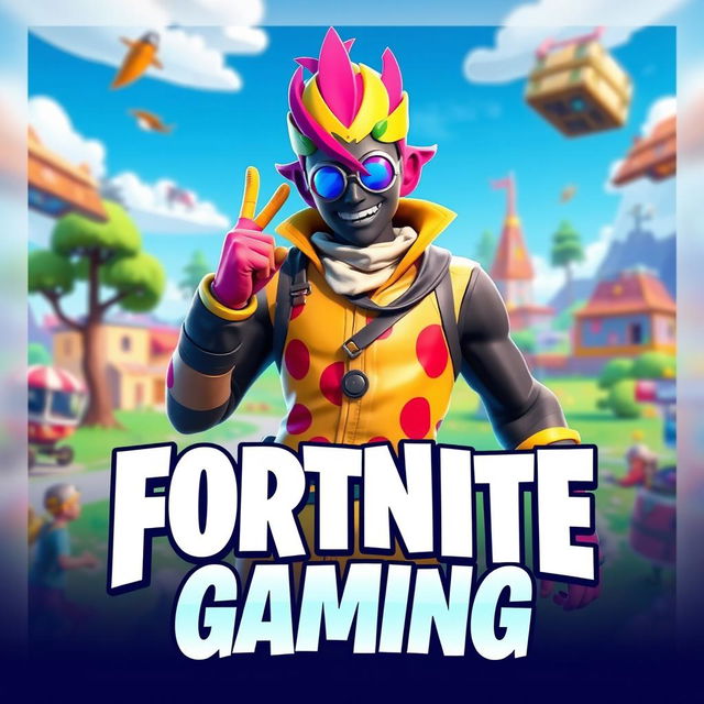 A dynamic and vibrant Fortnite scene featuring a character from the game dressed in the Trickster skin