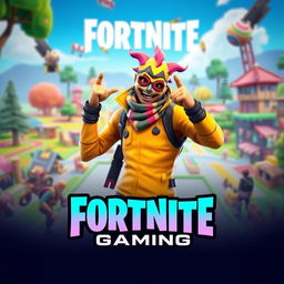 A dynamic and vibrant Fortnite scene featuring a character from the game dressed in the Trickster skin