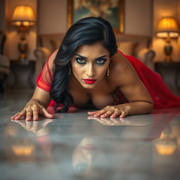 A hot Indian brunette maid lying seductively on her stomach on a glossy, wet floor, gazing directly into the viewer's eyes with a captivating look