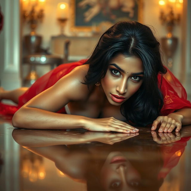 A hot Indian brunette maid lying seductively on her stomach on a glossy, wet floor, gazing directly into the viewer's eyes with a captivating look