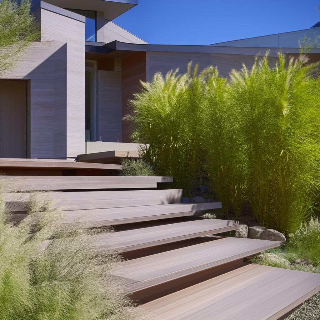 Modern house with beautiful landscaping and sleek composite steps