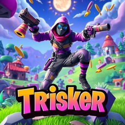 A vibrant and colorful Fortnite scene featuring a character in a unique and stylish Fortnite skin