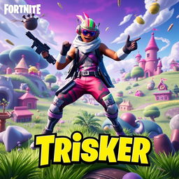 A vibrant and colorful Fortnite scene featuring a character in a unique and stylish Fortnite skin