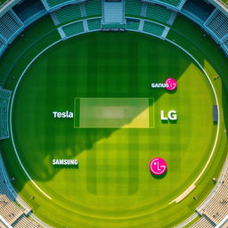 An aerial shot from directly above a massive cricket stadium, showcasing the vivid green of the freshly mowed grass and the central cricket pitch