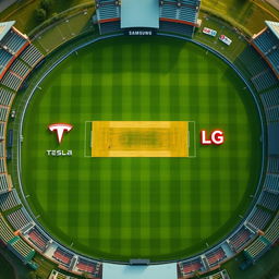 An aerial shot from directly above a massive cricket stadium, showcasing the vivid green of the freshly mowed grass and the central cricket pitch