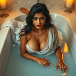 A hot Indian brunette maid lying gracefully on her stomach in a wet bathtub, exuding sensuality and confidence as she makes direct eye contact with the viewer
