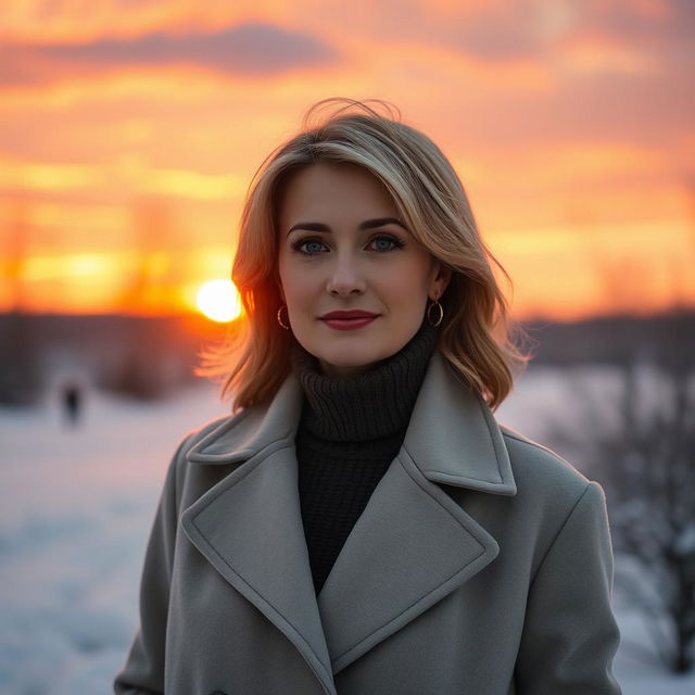 An enchanting Russian woman aged between 40 and 45 years, depicted in a full-body shot