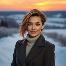 An enchanting Russian woman aged between 40 and 45 years, depicted in a full-body shot